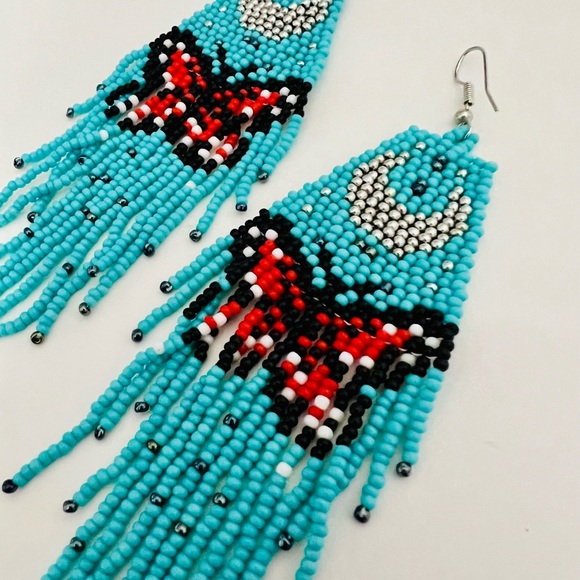 Last 2! Aqua Beaded Moon Butterfly Tassel Boho Earrings! - Picture 3 of 6